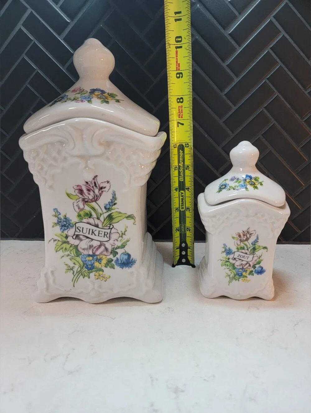 Set Of 4 Delfts Hand Made White Floral Ceramic Canisters